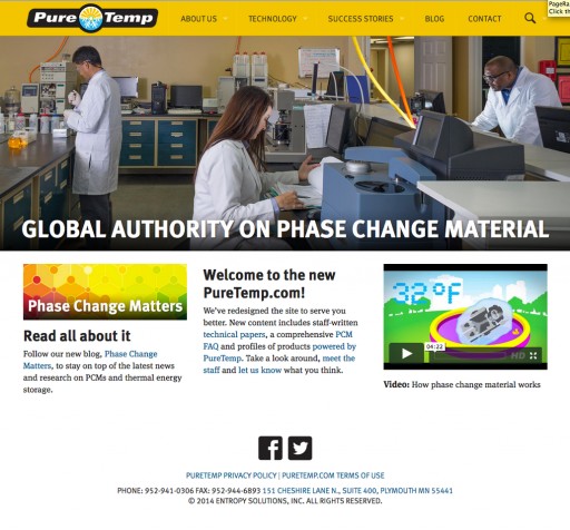 Redesigned PureTemp website to serve as global resource on phase change materials