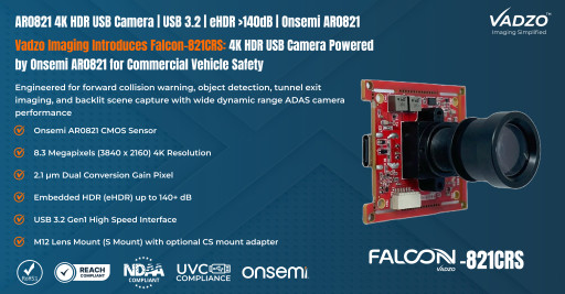 Vadzo Imaging Positions Falcon-821CRS AR0821 4K HDR USB Camera for Front Facing Collision Avoidance in Commercial Vehicles