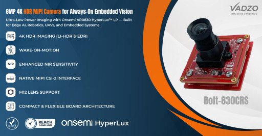 Vadzo Imaging Introduces Bolt-830CRS: Onsemi AR0830 HyperLux(TM) LP 8MP 4K HDR MIPI CSI-2 Camera Module for Power-Constrained Embedded Vision Systems