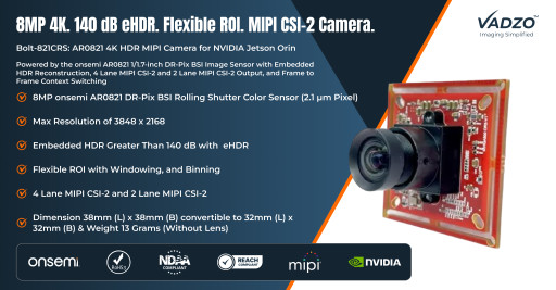 Vadzo Imaging Validates the AR0821 MIPI Camera for NVIDIA Jetson Orin: Bolt-821CRS Delivers 4K HDR, High-Performance ISP, and Flexible ROI