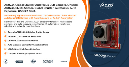 Vadzo Imaging Positions Falcon-234CGH 2MP AR0234 Global Shutter Autofocus USB Camera with Auto Exposure for Forklift Automation