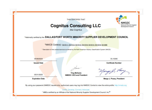 Cognitus Achieves Minority-Owned Business Certification With Dallas Fort Worth Minority Supplier Development Council