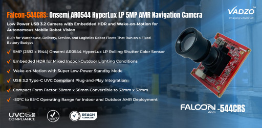 Vadzo Imaging Positions Falcon-544CRS AR0544 5MP HDR Low Power USB UVC Camera as an AMR Navigation Camera for Extended Battery Runtime and Obstacle Detection