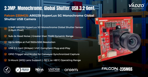 Vadzo Imaging Launches Falcon-235MGS: HyperLux SG Monochrome Global Shutter USB Camera Delivering Reliable Shape and Barcode Reads on Moving Objects
