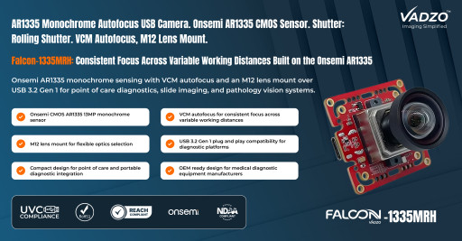 Vadzo Imaging Positions 13MP 1.1.u Pixel Falcon-1335MRH Monochrome VCM Autofocus USB 3.2 Gen 1 Camera for Medical and Life Sciences