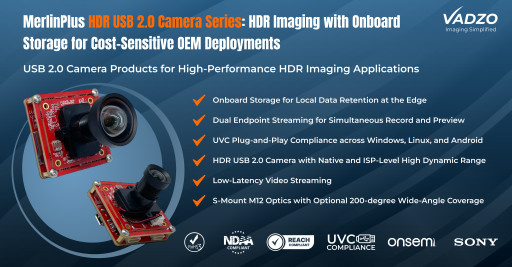 Vadzo Imaging Expands MerlinPlus USB 2.0 UVC Camera Series with HDR USB 2.0 Camera for Cost-Sensitive OEM Deployments