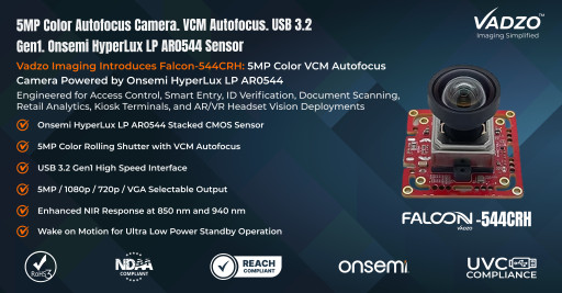Vadzo Imaging Introduces Falcon-544CRH: 5MP Color Autofocus USB 3.2 Gen 1 Camera with Onsemi HyperLux LP AR0544