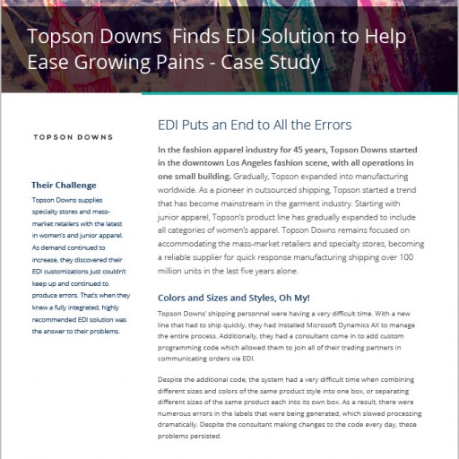 Microsoft Dynamics AX Customer Topson Downs Speeds Processing With Certified EDI Solution From Data Masons