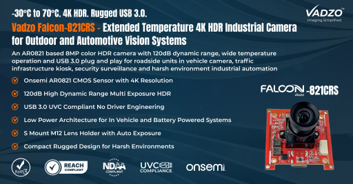 Vadzo Positions Falcon-821CRS for Rugged Deployments: 4K HDR Industrial Camera Rated from -30°C to 70°C for Outdoor and Automotive Vision Systems