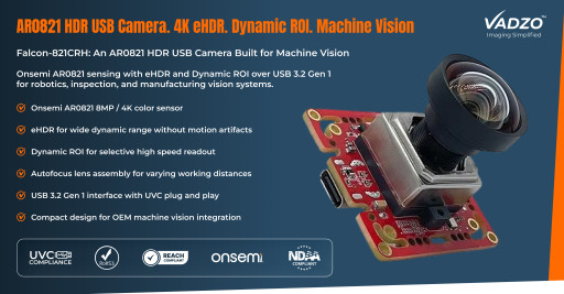 Vadzo Imaging Advances Falcon-821CRH: 4K AR0821 HDR USB 3.2 Gen1 Camera with Real-Time Dynamic ROI and M12 VCM Autofocus Capabilities