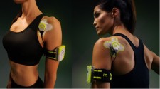 SAM multi-hour continuous wearable ultrasound device applied to the front and back of the shoulder.