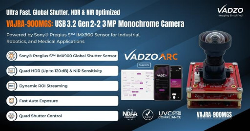 Vadzo Imaging Launches Sony(R) Pregius S IMX900 Global Shutter Monochrome Sensor based Ultra Fast USB 3.2 Gen 2x2 UVC Camera
