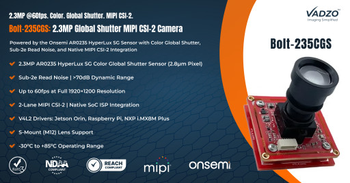 Vadzo Imaging Launches Bolt-235CGS: 2.3MP Global Shutter MIPI CSI-2 Camera Powered by Onsemi AR0235 HyperLux SG