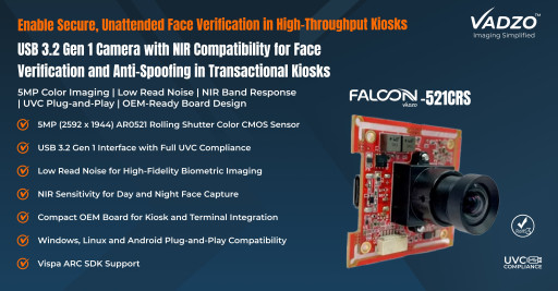Vadzo Imaging Positions AR0521 Liveness Detection USB Camera for Transactional Kiosk Face Verification: Low-Noise 5MP Imaging with NIR Compatibility for Anti-Spoofing