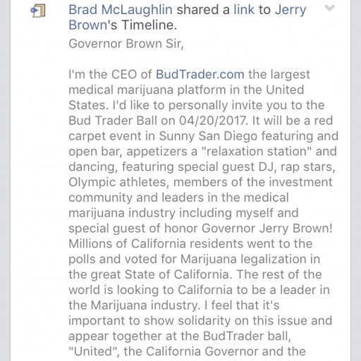 BudTrader.com CEO Brad McLaughlin Invites Governor Jerry Brown to Annual 420 Ball