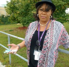 Renee Donahue, Care Coordinator for Moms Do Care at Whittier, Shows Needles Used for Drug Abuse