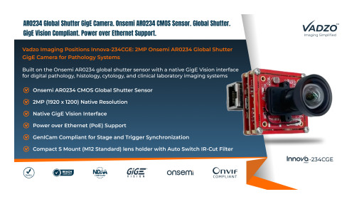 Vadzo Imaging Positions Innova-234CGE: 2MP Onsemi AR0234 Global Shutter GigE Camera for Pathology Systems