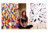 Leto Lama surrounded by her paintings 'The Gathering' and 'Energy'