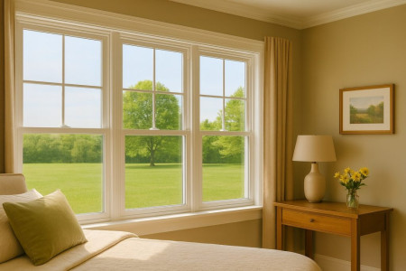 Cozy Ontario bedroom with double-hung windows offering natural light, insulation, and peaceful outdoor views.