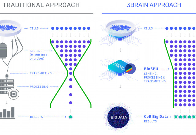 The approach devised by 3Brain for cell analysis compared to the traditional one.