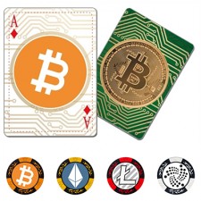 Cryptocurrency-themed playing cards and poker chips