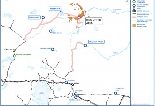 Map showing proposed and planned north-south road to Marten Falls First Nation
