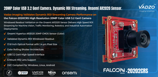 Vadzo Imaging Validates Dynamic ROI Streaming on the Falcon-2020CRS 20MP Color USB 3.2 Gen1 Camera with Onsemi AR2020 Sensor