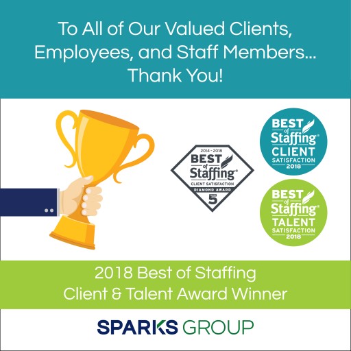 Sparks Group Wins Inavero's 2018 Best of Staffing® Client and Talent Awards