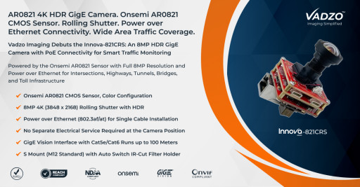 Vadzo Imaging Positions Innova-821CRS 8MP AR0821 4K HDR GigE PoE Camera for Smart Traffic Monitoring