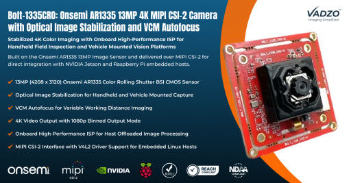 Vadzo Imaging Positions the AR1335 MIPI Camera Bolt-1335CRO: 4K OIS and VCM Autofocus with High-Performance ISP for Handheld Field Inspection and Vehicle Mounted Vision
