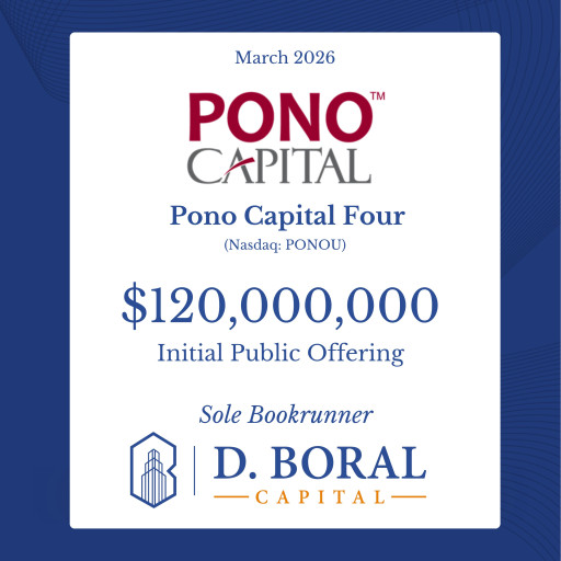 D. Boral Capital Acted as Sole Bookrunner to Pono Capital Four, Inc. (Nasdaq: PONOU) in Connection with its $120,000,000 Initial Public Offering