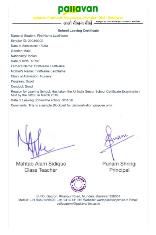 First Blockcerts Issued in India: Pallavan School and Vasant Valley School, Facilitated by Pallavan Learning Systems and Learning Machine, Issue Blockchain Credentials