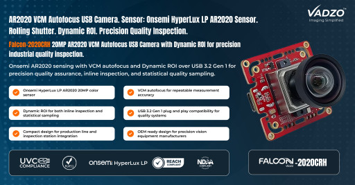 Vadzo Imaging Positions Falcon-2020CRH: 20MP AR2020 VCM Autofocus USB 3.2 Gen1 Camera with Dynamic ROI for Industrial Quality Inspection