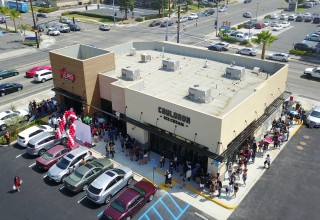 Bird Eye View of a standard customers line during the 7 Leaves Grand Opening
