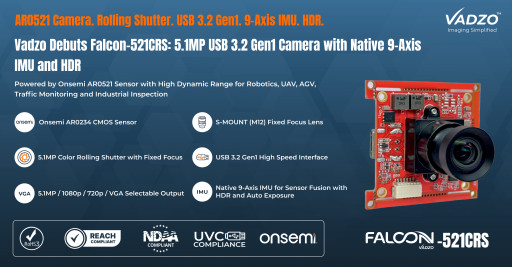 Vadzo Imaging Introduces Falcon-521CRS with 9-Axis IMU: 5.1MP Color USB 3.2 Gen1 HDR Camera Based on Onsemi AR0521