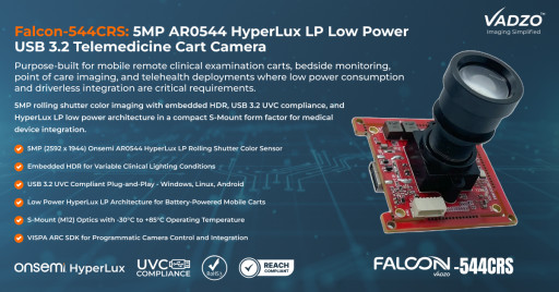 Vadzo Imaging Introduces the Telemedicine Cart Camera Falcon-544CRS: Low Power 5MP AR0544 USB 3.2 Design with UVC Plug-and-Play for Mobile Remote Clinical Examination Carts