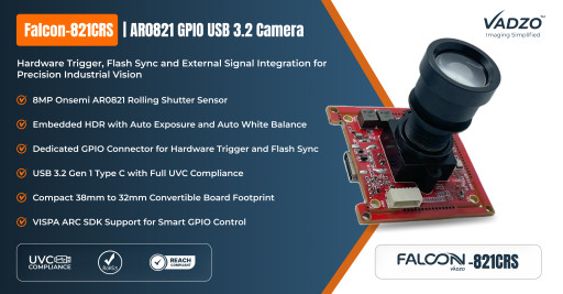 Vadzo Imaging's Falcon-821CRS AR0821 4K HDR USB Camera Delivers Hardware Trigger, Flash Sync, and External Signal Integration for Precision Industrial Vision Workflows