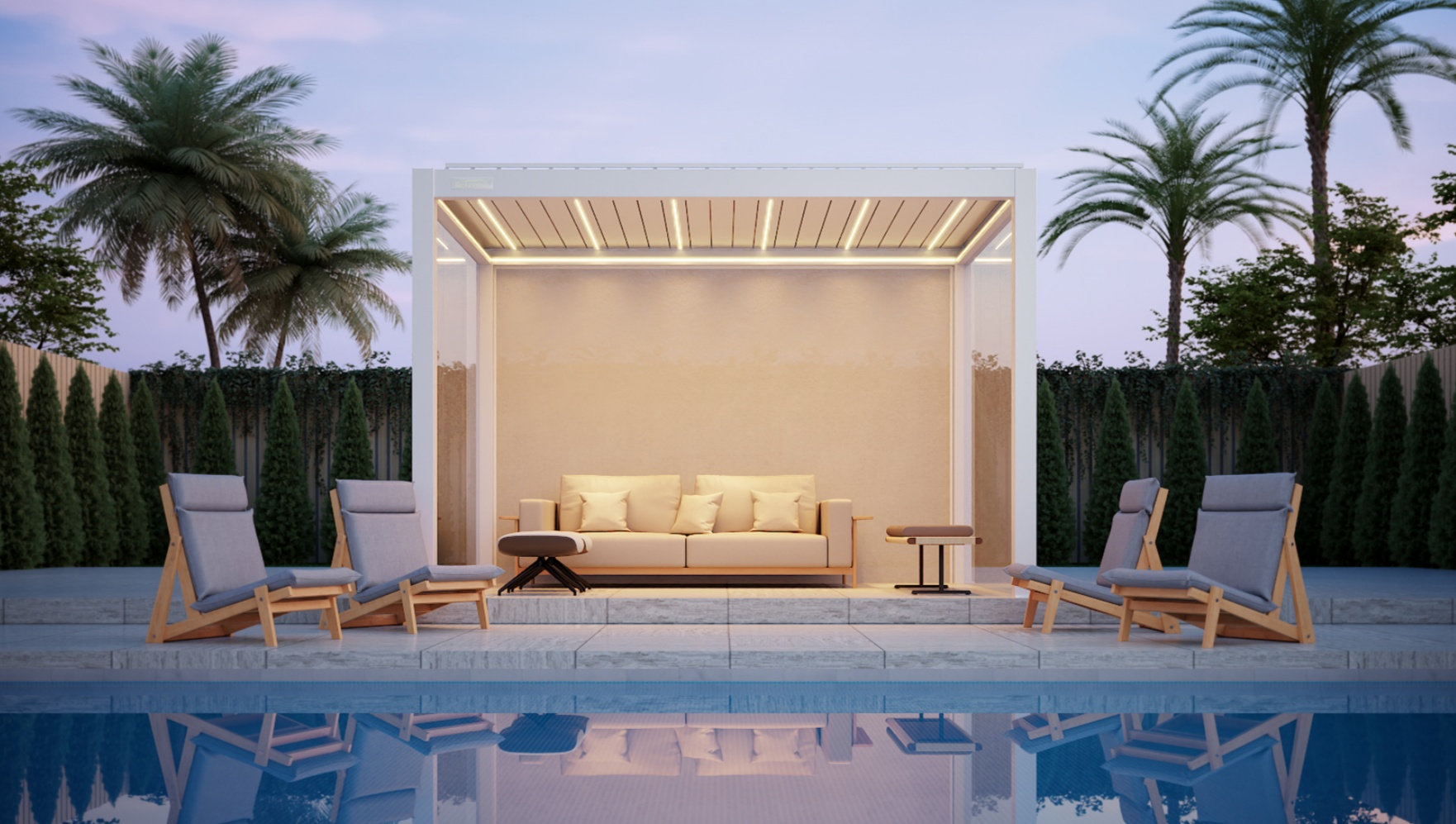 Relaxure Custom Pergola at Dusk —  LED light, Motorized Louvers 