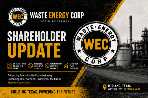 Waste Energy Provides Shareholder Update as Midland Campus Advances Toward Initial Commissioning