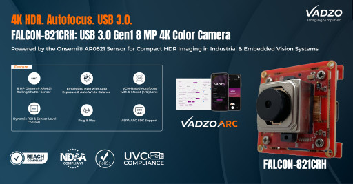 Vadzo Imaging Launches Onsemi AR0821 Falcon-821CRH USB Camera: The First M12 VCM Autofocus Camera to Combine 4K HDR and Plug-and-Play USB for Embedded Vision