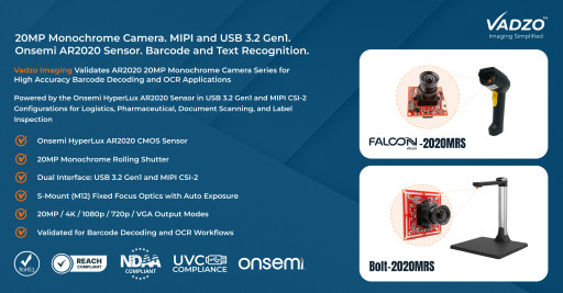 Vadzo Imaging Validates AR2020 20MP Monochrome Camera Series for High Accuracy Barcode Decoding and OCR Applications