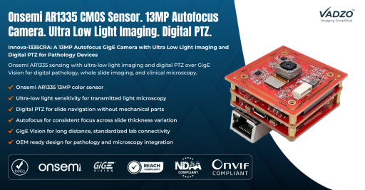 Vadzo Imaging Positions Innova-1335CRA: AR1335 13MP Autofocus GigE Camera with Ultra Low Light Imaging and Digital PTZ for Pathology Devices