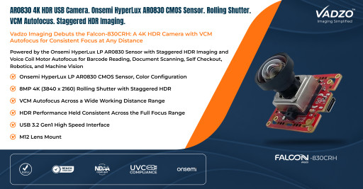 Vadzo Imaging Validates M12 VCM Based Autofocus on Falcon-830CRH: 8MP Onsemi AR0830 4K HDR USB 3.2 Gen1 Camera