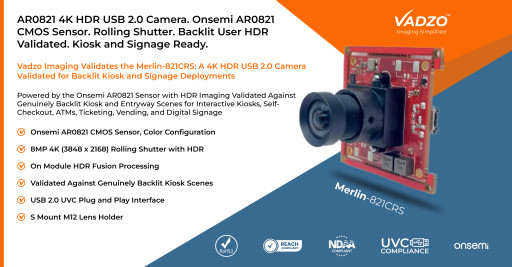 Vadzo Imaging Positions Merlin-821CRS: 8MP Onsemi AR0821 4K HDR USB 2.0 Camera with HDR Imaging for Kiosks and Signages