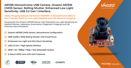 Vadzo Imaging Validates Falcon-1335MRS 13MP AR1335 1.1µm Pixel Rolling Shutter Monochrome USB Camera for Low-Light Imaging in Medical and Life Sciences