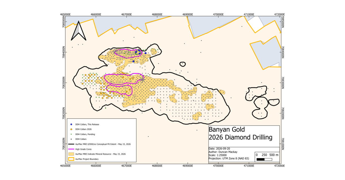 Banyan Gold Intersects 1.88 g/t Gold over 17.9 Metres in the Gap Between Airstrip and Powerline, and Identifies High-Grade Gold in Airstrip Footwall at AurMac, Yukon, Canada