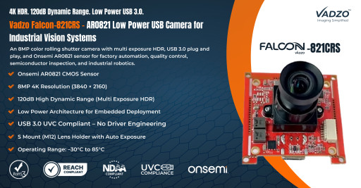 Vadzo Imaging Launches Falcon-821CRS: AR0821 Low Power USB Camera for 4K HDR Industrial Vision Applications